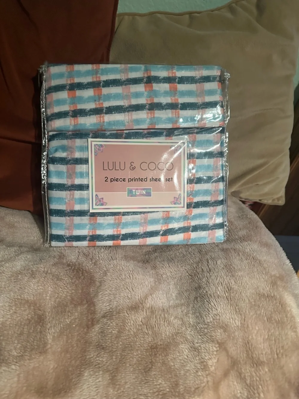 Lulu & Coco Twin 2-Piece Printed Sheet Set - Blue, Coral, White Plaid